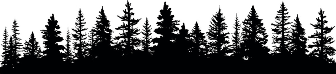 A collection of horizontal silhouettes featuring coniferous spruce trees on a transparent background. The set showcases the elegant forms of fir trees. Generative AI - obrazy, fototapety, plakaty