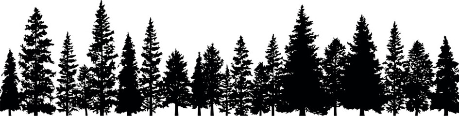 A set of coniferous spruce trees silhouettes, gracefully arranged in a horizontal composition, on a transparent background. Generative AI - obrazy, fototapety, plakaty