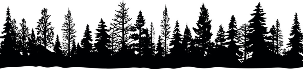 Set of horizontal silhouettes of coniferous spruce fir trees on a transparent background. Generative AI