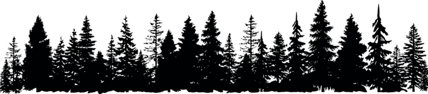 A horizontal set of silhouettes depicting coniferous fir trees on a transparent background, showcasing their distinctive spruce-like appearance. Generative AI