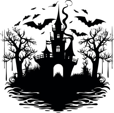 Halloween themed icon style clipart depicting a black and white image on a transparent background. Generative AI