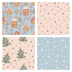 Merry Christmas and New Year seamless pattern with gingerbread houses, new year tree, garlands and snowflakes Vector illustration set.