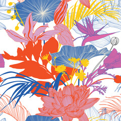 Fototapeta na wymiar Seamless tropical pattern with colorful line leaves and flowers. Seamless exotic bright pattern with tropical plants. Exotic wallpaper. Trendy summer Hawaii print.