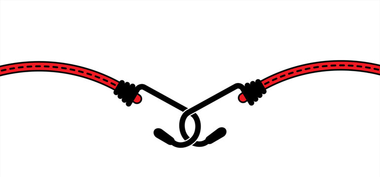 Drawing cartoon, elastic with hook. Cord with Hooks. Bungee spider sign. Rope icon. For Braided elastic strap with hooks. Elastic band. Bungee cords. Rubber strap with steel hooks. For car or bike.
