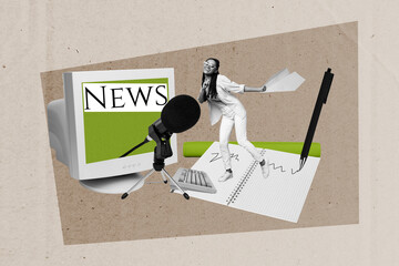 Creative drawing collage picture of funny young female journalist write record microphone news...