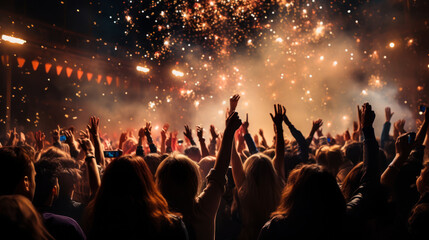 Together in Celebration: Fireworks Over a Jubilant Crowd - obrazy, fototapety, plakaty