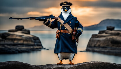 A penguin stands in uniform, holding a rifle from a past era, creating a surreal, humorous scene.