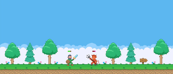 8bit colorful simple vector pixel art horizontal illustration of cartoon scene of the battle between the hero and the devil in retro video game platformer level style
