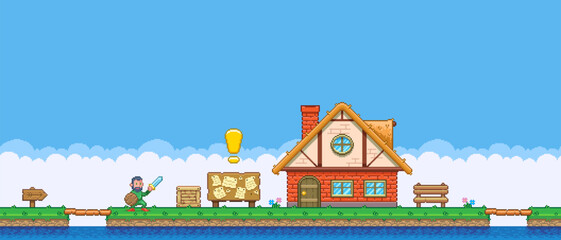 8bit colorful simple vector pixel art horizontal illustration of cartoon hero with sword and shield approaches the quest house on island in retro video game platformer level style