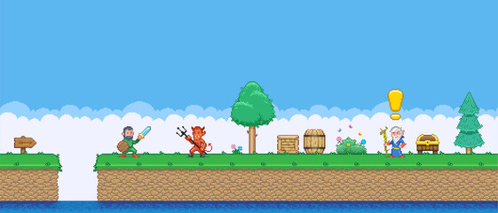 8bit colorful simple vector pixel art horizontal illustration of cartoon hero fights with the devil for passage to the old wizard quest in retro video game platformer level style