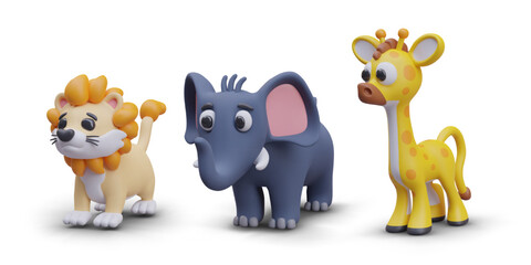 Side view on cute realistic lion, blue elephant, and giraffe. African animals concept. Models for toys. Vector illustration in 3D style on white background