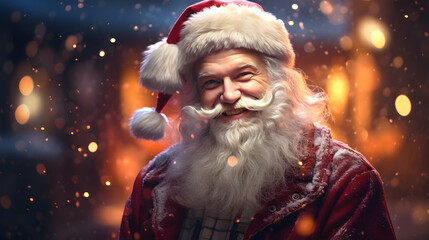 Christmas banner of happy Santa clause with Bokeh light in background with copy space