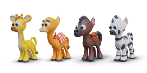 Collection with realistic giraffe, camel, and pony with seat cover, African zebra. Side view on cute animals with shadows. Vector illustration in realistic 3D style