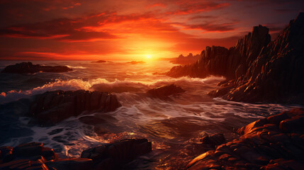 The sun sets over the ocean with rocks
