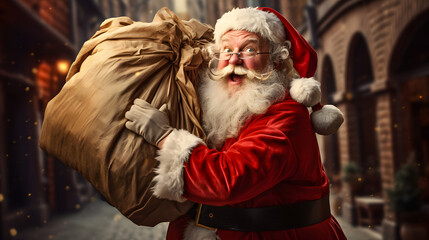 Cheerful Santa enjoying Christmas holding a huge bag of gifts in his hand with an old city walled background