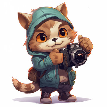 cute kitten photorgapher in cartoon style