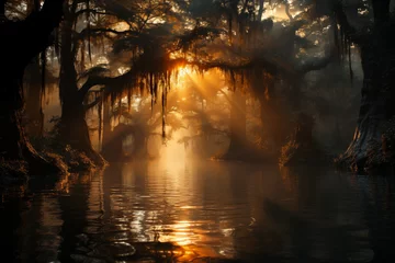 Foto op Plexiglas Chocoladebruin dawn landscape with river in swampy rainforest, bayou, flooded forest