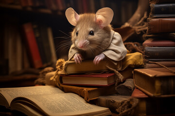 fantasy illustration, photorealistic mouse in a cassock reading an old book in the library - obrazy, fototapety, plakaty