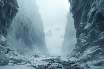 severe winter landscape, icy canyon with frozen river - obrazy, fototapety, plakaty