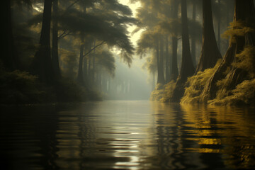waterscape - river in swampy rainforest, bayou, flooded forest - obrazy, fototapety, plakaty