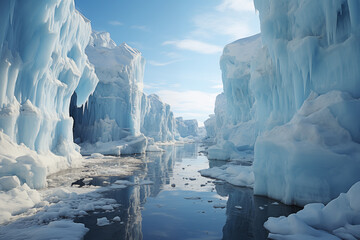 arctic seascape, sea passage between icebergs - obrazy, fototapety, plakaty
