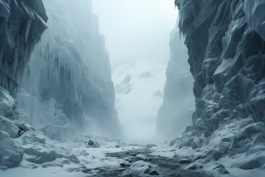 severe winter landscape, icy canyon with frozen river