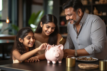 Indian man counting coin with his little girls at home