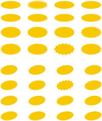 Starburst yellow sticker set - collection of special offer sale oval and round shaped sunburst labels and badges. Promo stickers with star edges. Vector
