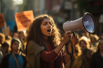 Indian woman using megaphone while speaking in the protest - obrazy, fototapety, plakaty