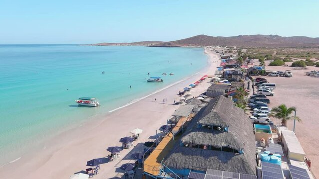 Mexico, La Paz: Aerial view of Tecolote Beach (Playa El Tecolote) with clear turquoise waters of Gulf of California - landscape panorama of Latin America from above