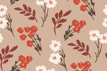 Seamless floral pattern, abstract flower print with isolated sketch plants. Cute botanical design with a simple country motif: small hand drawn wild flowers, leaves on beige. Vector ditsy pattern.