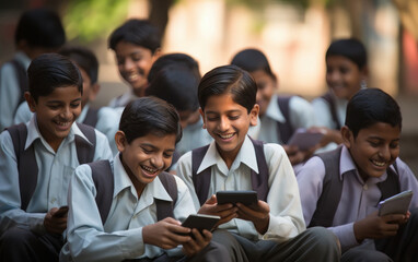 Indian school boys using smartphone - obrazy, fototapety, plakaty