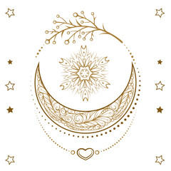 Golden crescent moon boho style illustration. Ethnic style vector graphic. © sablegear