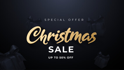 Christmas sale banner black background, special offer, banner design vector illustration - obrazy, fototapety, plakaty