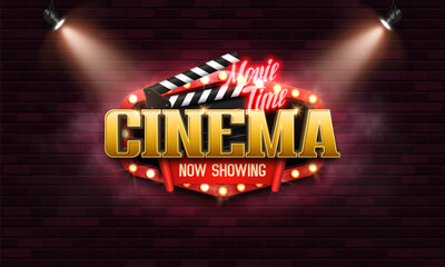 Movie time. Cinema banner or poster with retro neon signs. Vector illustration.