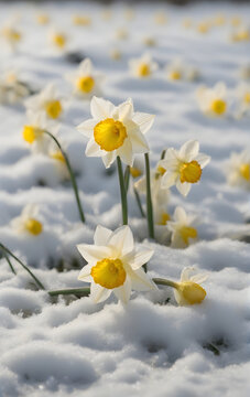 A picture of beautiful narcissus flowers in a plain covered with snow