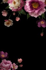 Luxurious Bouquet. Beautiful fantastic garden flowers and leaves on Black background. Blooming Pink Peonies and Roses. Luxury Ceremonial Design. Vintage illustration. Floral Wedding Decoration. - 685069158