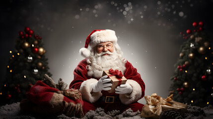 Happy Santa Claus sitting with a decorated Christmas background and present gift boxes to distribute on Christmas, Christmas Santa, Christmas background, New Year