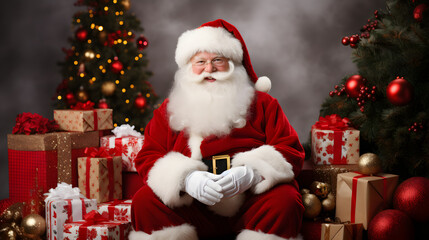 Fototapeta na wymiar Happy Santa Claus sitting with a decorated Christmas background and present gift boxes to distribute on Christmas, Christmas Santa, Christmas background, New Year