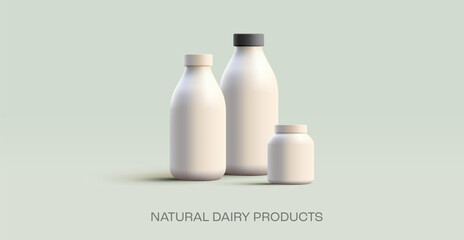 Composition of white empty plastic bottles for dairy products 3D. For the concept of farm natural dairy products. Banner for branding, design template. Vector