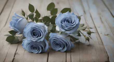 Beautiful blue roses on a wooden bench