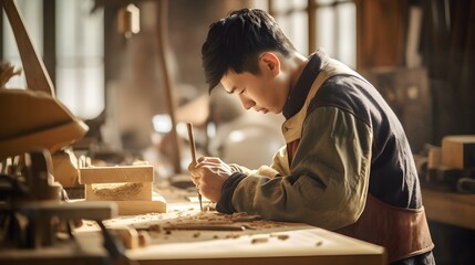 Woodworker's dedication, close-up of young craftsman chiseling intricate wood patterns, highlighting unwavering dedication to craftsmanship.