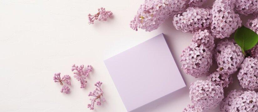 Lilac flowers and gift box on greeting card mockup blank paper with copy space copy space image