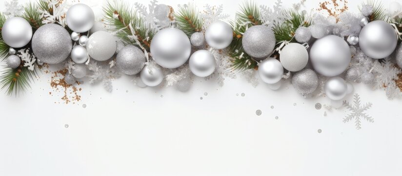 Festive Christmas wreath with fir branches white silver decor sparkle and confetti on white backdrop Xmas New Year celebration bokeh light Lay flat top view wide banner copy space image