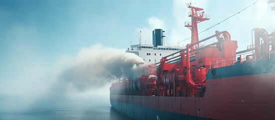 Large cargo ship s stern emits smoke from its diesel engine combustion while the forward mast of the ship stands tall copy space image - obrazy, fototapety, plakaty