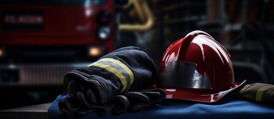 Fire engine with blue gloves and helmet copy space image