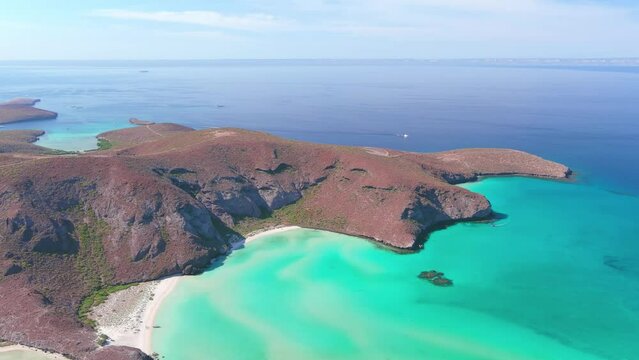 Mexico, La Paz: Aerial view of Bahia Puerto Balandra with clear turquoise waters of Gulf of California and tropical beaches - landscape panorama of Latin America from above
