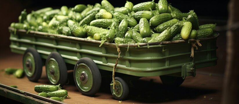 Freshly harvested small green gherkins in a trailer copy space image