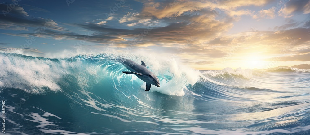 Poster dolphin jumps from ocean wave seagulls fly in cloudy sky copy space image
