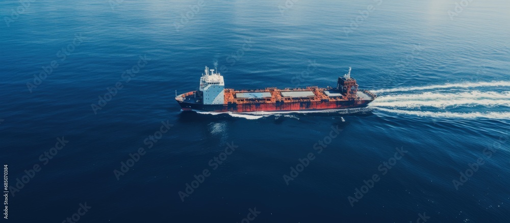 Poster drone captures tug boat towing empty barge at sea copy space image